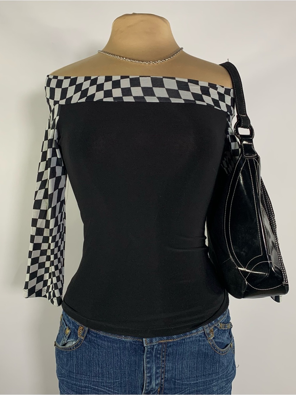 Lipsy Black & White Checkered Off Shoulder Top